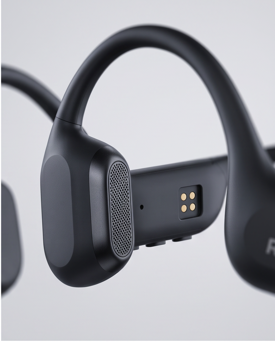 R1の発声部の網目と耳掛けのクローズアップ